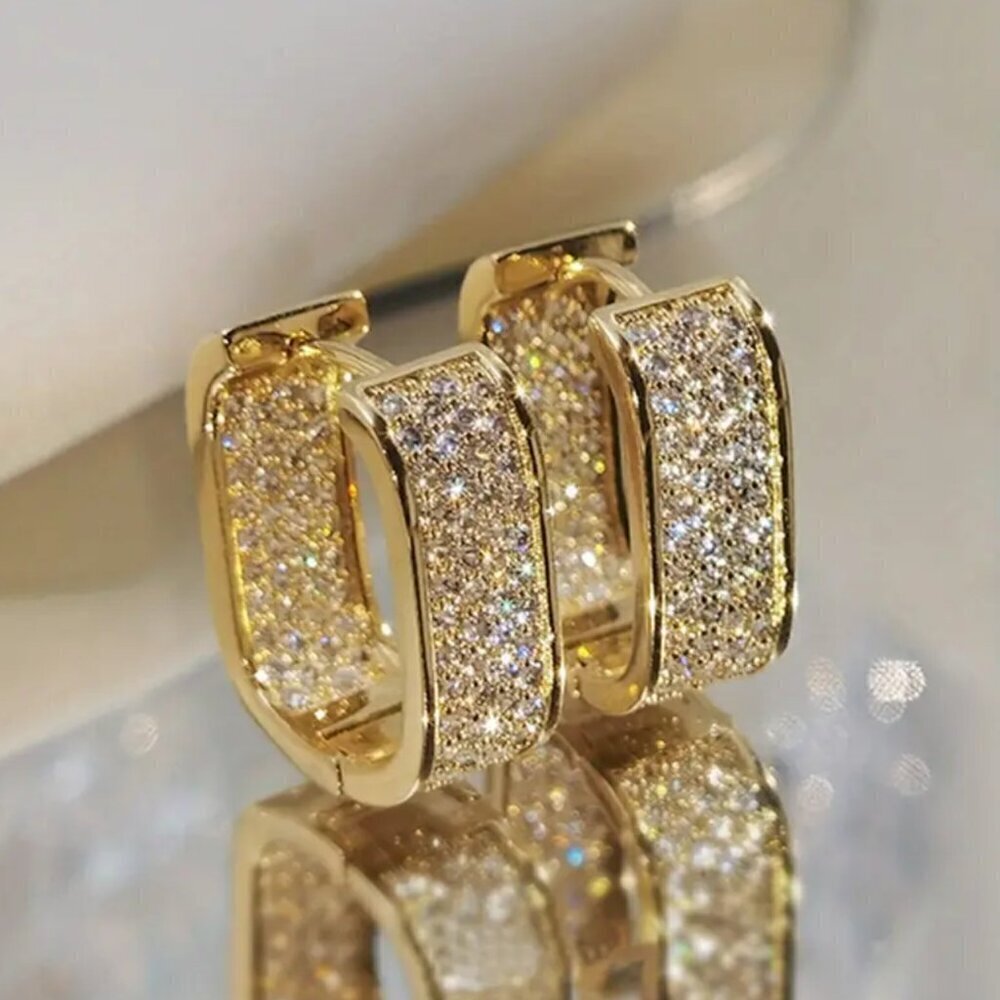 Rectangular Zircon Hoops Gold Tone with Lots of Bling #1418